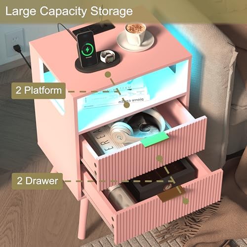 JOONEE Pink Nightstand with Charging Station and LED Lights,Modern Bedside Table with 2 Storage Drawer and Open Wood Shelf, for Bedroom and Small Spaces,Night Stand with Solid Wood Legs,Pink