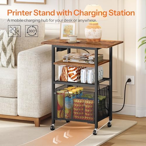 HOOBRO Printer Stand with Hanging File Drawer, Rolling Printer Cart on Wheels, Mobile Filing Cabinet Storage Shelf, Home Office Desk Side Organizer, Rustic Brown and Black BF17UPS01