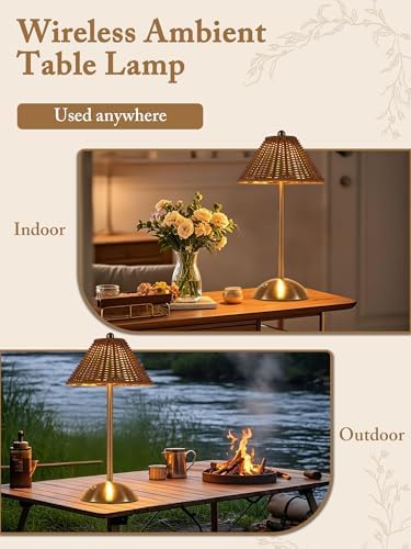 Boho Rattan Table Lamp,Wicker Night Light,LED Rechargeable Reading Lights,3 Color Touch Control Dimmable Bedside Lamps Living Room Bedroom Office Lighting Home Outdoor Decoration
