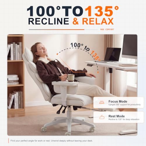 Dowinx Big and Tall Office Chair with Pocket Spring Cushion,High Back Computer Gaming Chairs with Adjustable Armrests,Executive Desk Chairs with Lumbar Support and Footrest,PU -White