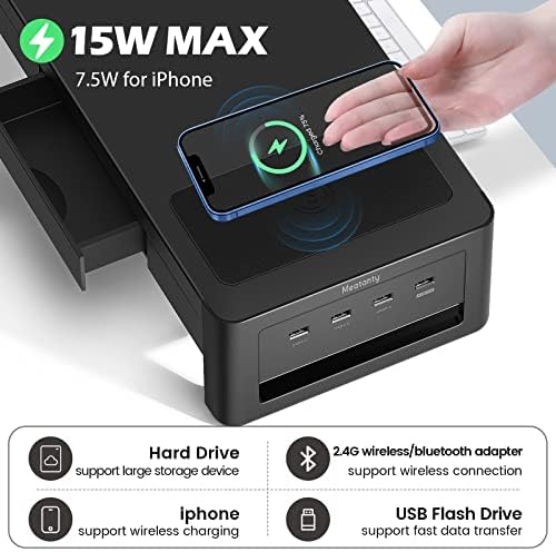 meatanty 3 In 1 Monitor Stand Riser with 2 Drawers,1 Wireless Charging Module and 4 USB Ports,Metal Computer Stand Support Transfer Data & Charging,Desk Organizer for PC,iMac (21 inches)