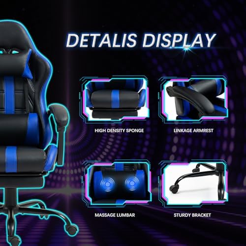 Gaming Chair with Ergonomic Footrest & Massage Lumbar Support, Blue