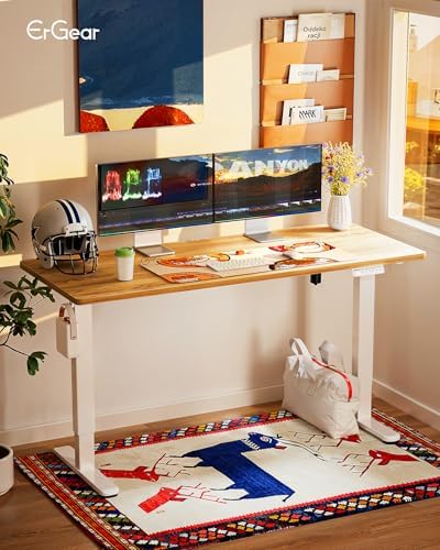 ErGear Height Adjustable Electric Standing Desk, 63 x 28 Inches Sit Stand up Desk, Memory Computer Home Office Desk, Light Vintage Brown