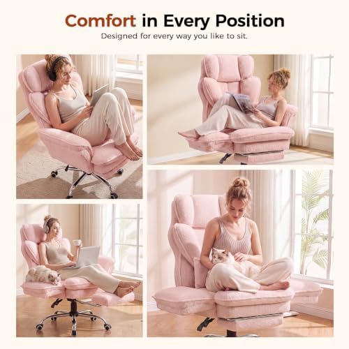 GTPLAYER Big and Tall Office Chair Flip Armrests Criss Cross Desk Chair with Pocket Spring Cushion & Ergonomic Lumbar Support for Lower Back Pain Relief Wide Seat Comfy Teddy Fleece,Pink