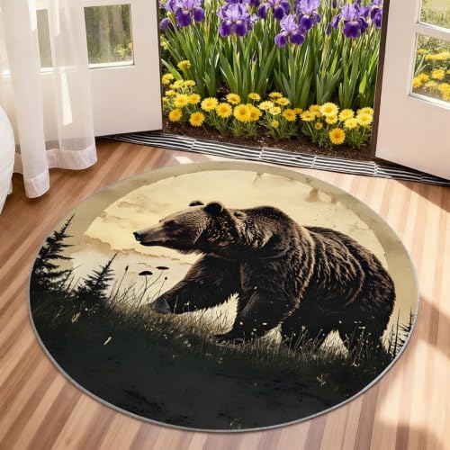 Bear Round Area Rug - 6.6ft Western Bear Round Rug for Living Room, Wildlife Circle Rugs Soft Non-Slip Carpet for Bedroom Kiks Room Dining Table Decor Mat