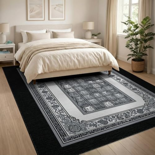 8'x10' Charcoal Gray Cat Motif with Vine Border Washable Area Rug