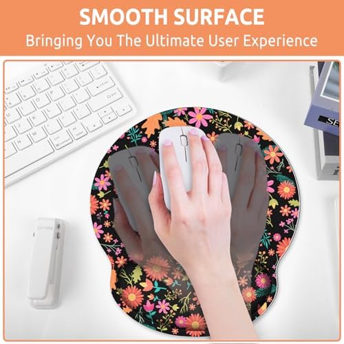 KONVINIT Ergonomic Mouse Pad with Wrist Rest, Small Mousepad with Non-Slip Rubber Base and Smooth Surface, Black Flowers Mouse Pads for Desk, Office Desk Accessories
