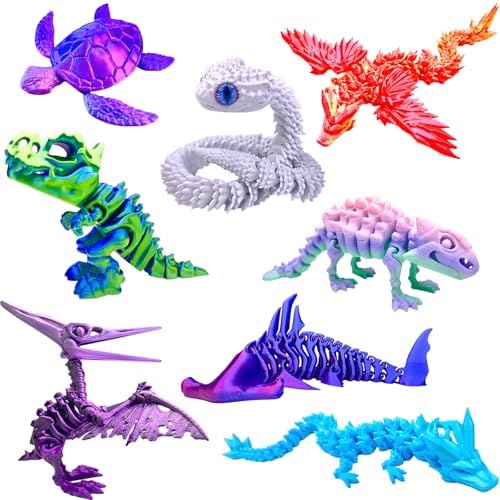 8pcs 3D Printed Dinosaur, Snake Turtle Pterosaur T-Rex Fidget Toys,Crystal Dragon Flying Dragon，Desk Executive Toy，Easter,Toys for Boys Kids Teen 5-7 4-6 8-12