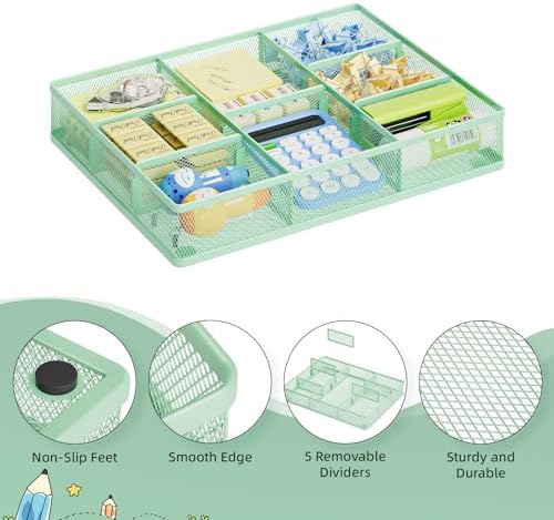 Marbrasse Desk Drawer Organizer, Metal Mesh Drawer Organizer Tray with 5 Adjustable Compartments,Desk Organizers and Accessories for Home,Office,Kitchen,Makeup,Vanity (Green)