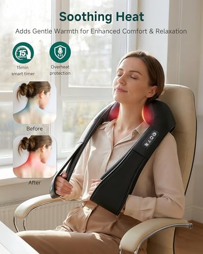 Snailax Shiatsu Neck Massager with Heat, Shoulder & Back Massager for Pain