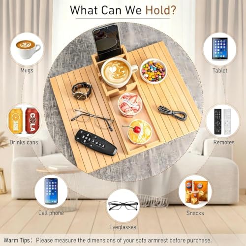 Yoshiky 2 Pack Bamboo Couch Armrest Table, Couch Arm Tray with Removable Couch Cup Holder, 2 in 1 Design Foldable Anti-Slip Bamboo Couch Tray and Sofa Cup Holder for Drink