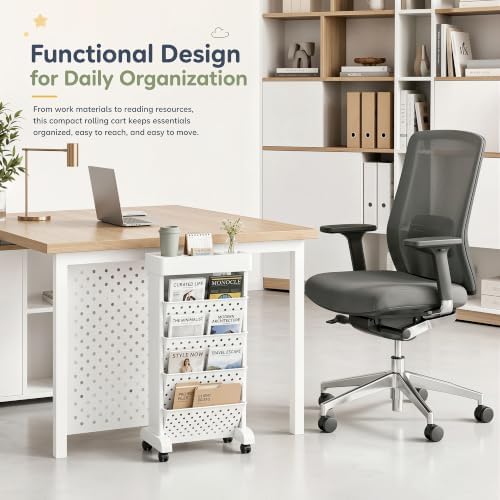 5-Tier Rolling Bookshelf Cart with Wheels, White