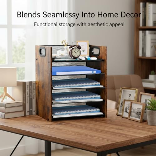 Desk Organizer - 5-Tier Desktop File Organizer, Wooden Paper Tray Organizer, Office Desk Organzier and Accessories for Papers, Mail, Notebooks, Stationery