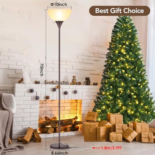 Coucrek Floor Lamp, LED Standing Lamps with White Plastic Shade, Corner Floor Lights for Living Room Bedroom, Rotary Switch, Bulb not Included, Brown