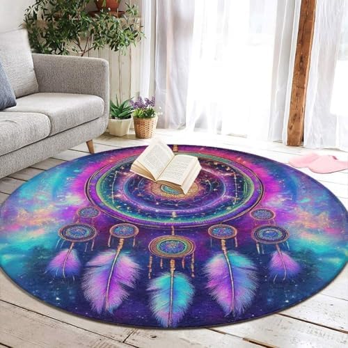 Room Sofa Yoga Soft Round Carpet, Home Decor Non Slip Kitchen Office Circle Rug, Machine Washable Modern Round Area Rug Colorful Purple Blue Galaxy Dream Catcher Art, 60inch