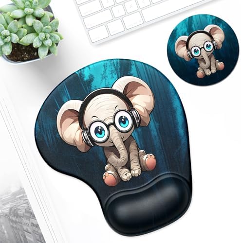 ITNRSIIET Ergonomic Mouse Pad Coaster Set with Gel Wrist Support Wrist Rest Smooth Surface Non-Slip PU Base Comfortable Office Supplies Pain Relief, 9.5 x 8.3 inches, Pretty Elephant