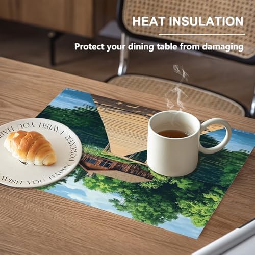 Peaceful Retreat Wooden Structure Linen Placemats, Water Body Lush Foliage Table Mats for Table Washable Heat Insulation Thick Dining Mat, Indoor/Outdoor 12X18 in 6 Pcs