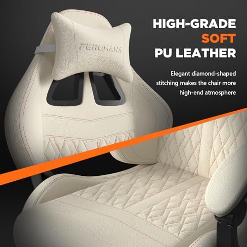 Ferghana Vintage PU Leather Gaming Chair - High Back Massage, Ergonomic Computer Office Chair with Footrest - Racing Style Reclining Beige Gaming Seat