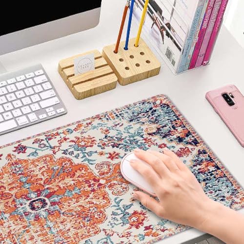 Large Gaming Mouse Pad with Stitched Edges, Carpet Pattern Boho Style Ethnic Design Orange Pink Desk Mat, Extended Keyboard Pad, Non-Slip Rubber Base Desk Pad for Keyboard and Mouse, 31.5X11.8 inch