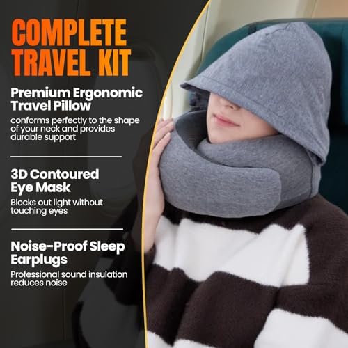 LOEXAIR™ Hooded Pro Travel Pillow - Memory Foam Neck Support Pillow for Airplane, Flight - Super-Soft Pure Cotton Fabric, Maximum Privacy & Light-Block Design, Lightweight Full Travel Kit - Light Grey
