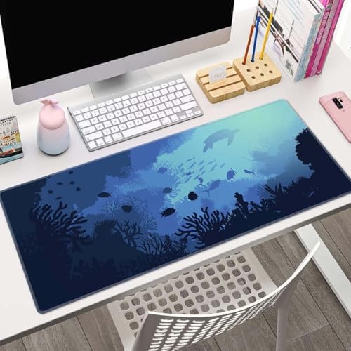 Blue Ocean Big Turtle Gaming Mouse Mat, XL 31.5 x 11.8 Inch Ocean Theme with Turtle Design, Extended Long Thin Desk Pad for Keyboard Mice, Thin Blue Mouse Pad