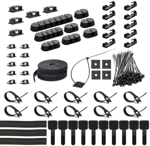 ZIIYAN 163 PCS Cable Management Kit, 3 Wire Organizer Sleeve, 8 Self Adhesive Cable Holder, 25 Cord Clips, 20+2 Roll Reusable Cable Straps and 100 Fastening Cable Ties for Computer TV Under Desk