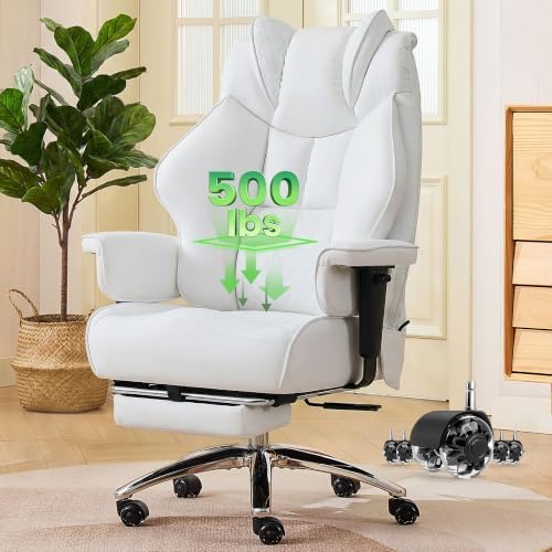 CIOMAN 500lbs Big and Tall Office Chair Adjustable Lumbar Support, Extra Wide Seat Ergonomic Gaming Chair with Footrest, Heavy Duty High Back Executive Leather Computer Desk Chair, White