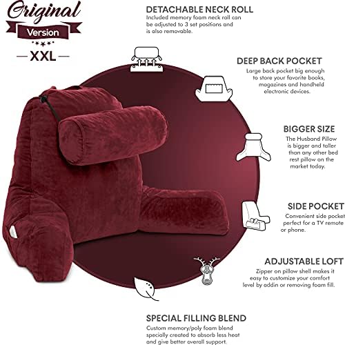 Husband Pillow XXL The Original for Adults - 30" Tall Backrest for Sitting Up in Bed - Firm Support Reading & Bed Rest Pillows for Adults, Neck Roll, Removable Cover - TV - Maroon