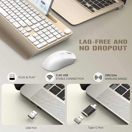 GAMCATZ Ergonomic Wireless Keyboard and Mouse with Wrist Rest，Phone Holder - 2.4GHz Full-Sized Low-Profile Quiet Gold Wireless Mouse and Keyboard Combo for Computer, Laptop, PC, Mac-Gold