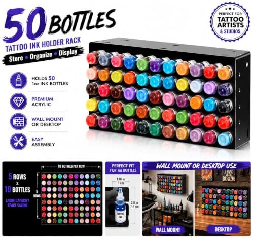 Tattoo Ink Holder Rack for 50 Bottles, Wall Mount & Desktop Tattoo Ink Organizer for 1oz Bottles, Plastic Display Storage Shelf, Easy Assembly Tattoo Supply Rack for Tattoo Artists & Studios