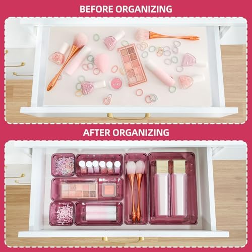 Kitchen Desk Drawer Organizers Storage for Office, Small Acrylic Vanity Trays Makeup for Drawer Bathroom Plastic Make up Organizers 25 Pcs Burgundy
