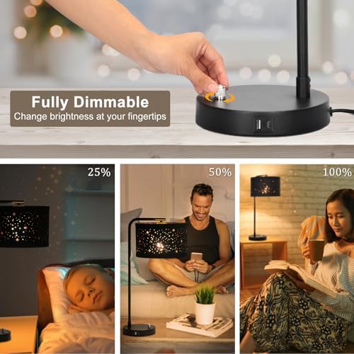 Bedside Table Lamp with USB C+A Ports, 25" Tall Fully Dimmable Side Lamp