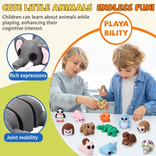 30 Pack Mystery 3D Printed Animal Figurines with 30 Adoption Cards, Articulated Mini Animal Desk Pets, Flexible Fidget Toys, Party Favors and Gifts, Classroom Reward, for Teacher