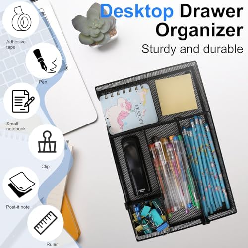 Desk Drawer Organizer, 2 Pack Junk Drawer Organizer Tray with 2 Adjustable Compartments, Desktop Metal Mesh Office Desk Organizer, Multifunction Pen Organizer Set for Office School Makeup Supplies (2)