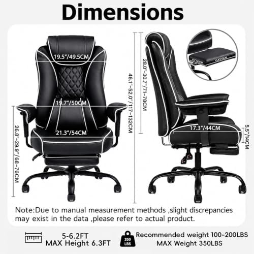 DJ·Wang Big and Tall Office Chair 400lbs, Executive Office Chair with Foot Rest Black PU Leather