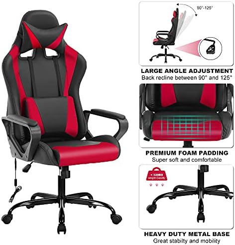 PC Gaming Chair Office Chair Racing Desk Chair with Lumbar Support Arms Headrest Massage High Back PU Leather Ergonomic Computer Chair Rolling Adjustable Swivel Chair for Women Men Adult, Red