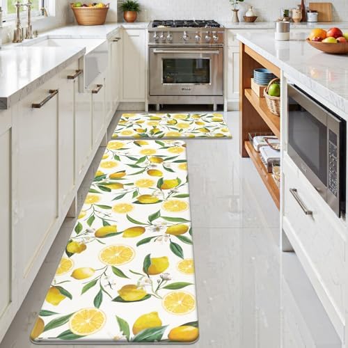 SHACOS Anti Fatigue Lemon Kitchen Mats for Floor 2 Pieces Set, Non Slip Cushioned Kitchen Rugs Set Standing Desk Mats and Runner Wipeable Waterproof Floor Mat for Home Office, 17"x27.5"+17"x59", White