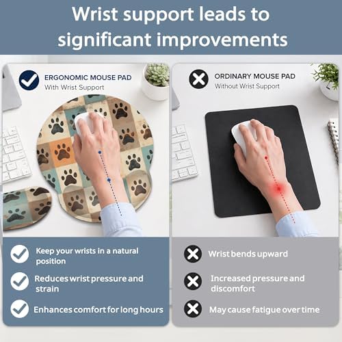 Cute Paw Print Ergonomic Memory Foam Wrist Rest Set for Keyboard and Mouse,Vintage Supportive Mouse Pad with Non Slip Base for Office Work and Gaming