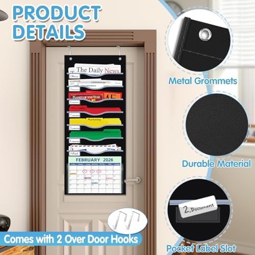 ALSLEA Hanging File Organizer 8 Pockets 15¾”W Legal/ Letter Size Paper Organizer, Pocket Chart for Classroom , Mail Organizer Wall Mounted, Over the Door Organizer with 12 Nameplate, 5 Hooks (Black)