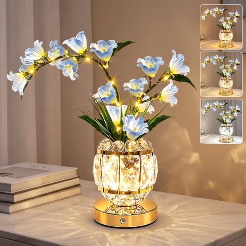 Lily Flower Lamps, Rechargeable Cordless Small Desk Lamp, 3 Colors Dimmable Artificial Flowers Night Light, Fake Bouquet 3 Lilies with Crystal Vase for Home Date Party Decoration (Blue - May Bells)