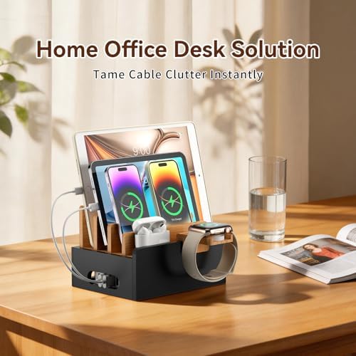 Pezin & Hulin Bamboo Charging Station with USB Charger&Cables-Natural+Black