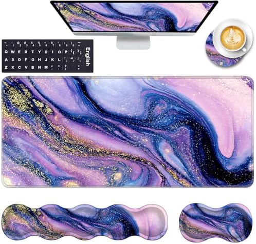 Keyboard Wrist Rest and Mouse Pad with Wrist Support Set Ergonomic Coaster,Memory Foam,Easy Typing Pain Relief,Large XL Desk Mat 31.5"x 11.8",Purple Marble