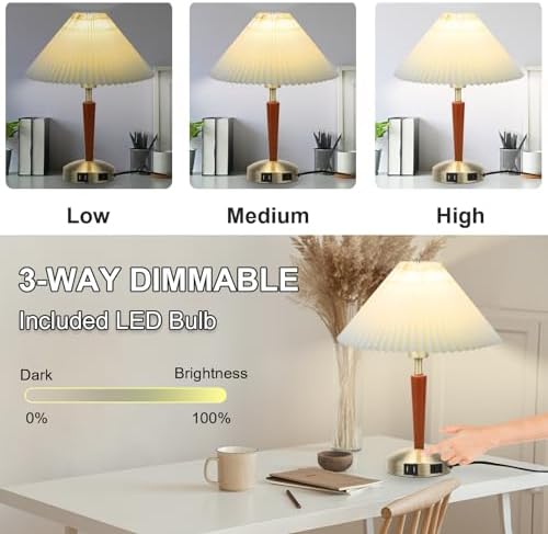 LALISU Touch Bedside Table Lamp, Fabric Shade Small Table Lamp, Brown