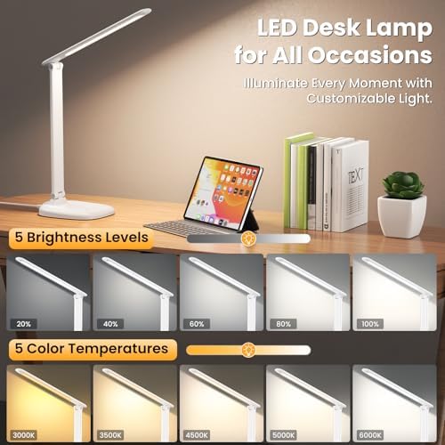 Desk Lamp with Charger, 10%-100% Stepless Dimmable & 5 Color Modes Study Lamp, Touch Control, 30-/60-minute Timer, USB Charging Output Port, CRI≥90, Eye-Caring Foldable LED Desk Lamps for Home Office