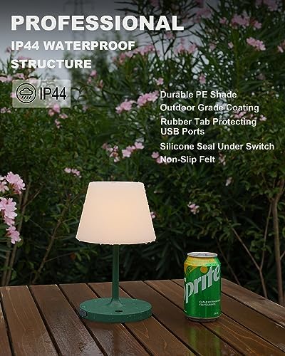 WEILAILUX Outdoor Battery Operated Table Lamp Waterproof, 4000mAh Cordless Table Lamp Rechargeable, Touch Dimmable Desk Lamp, LED Night Light for Patio Camping Restaurant Home, H9.6in, Green