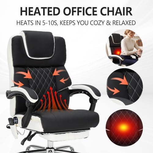 Massage Office Chair with Heat & Footrest,Heated Comfy Reclining Desk Chair with Vibration,Executive Big and Tall Chairs for Heavy People,Adjustable Height Black Black-White