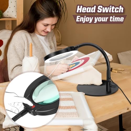 10X Magnifying Glass with Light and Stand, 5 Color Modes Stepless Dimmable LED Lighted Desk Lamp, Hands Free Magnifier with Flexible Goose-Neck for Craft Hobby Painting Sewing Close Work
