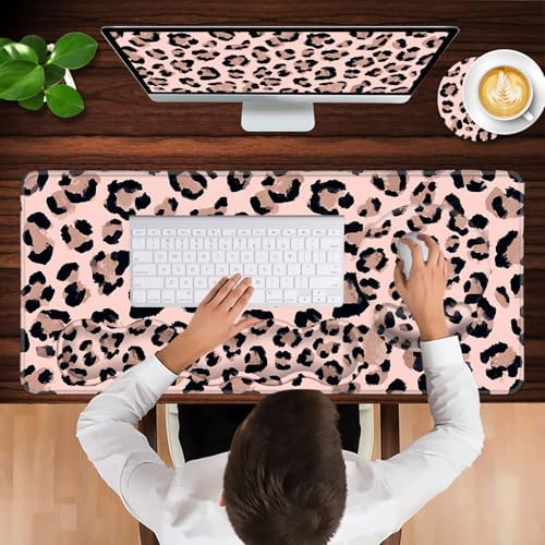 Mouse Pad,Large Pink Desk Mat, 4in1 XXL Mousepad + Keyboard Wrist Rest+Mouse Wrist Rest+Coaster Set with Ergonomic Desk Pad for Home Office Table Computer-Cute Leopard