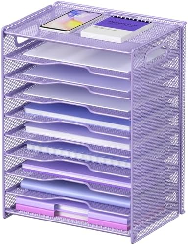 OUTWOLF 10 Tier Paper Organizer - Letter Tray Mesh Desk File Organizer with Handles for Office School Desktop, Purple