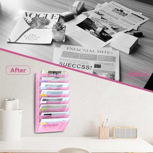 8 Pockets Mesh Wall File Holder Organizer Office Hanging File Folder Magazine Rack, Nametag Label Hooks Set Included (Pink)